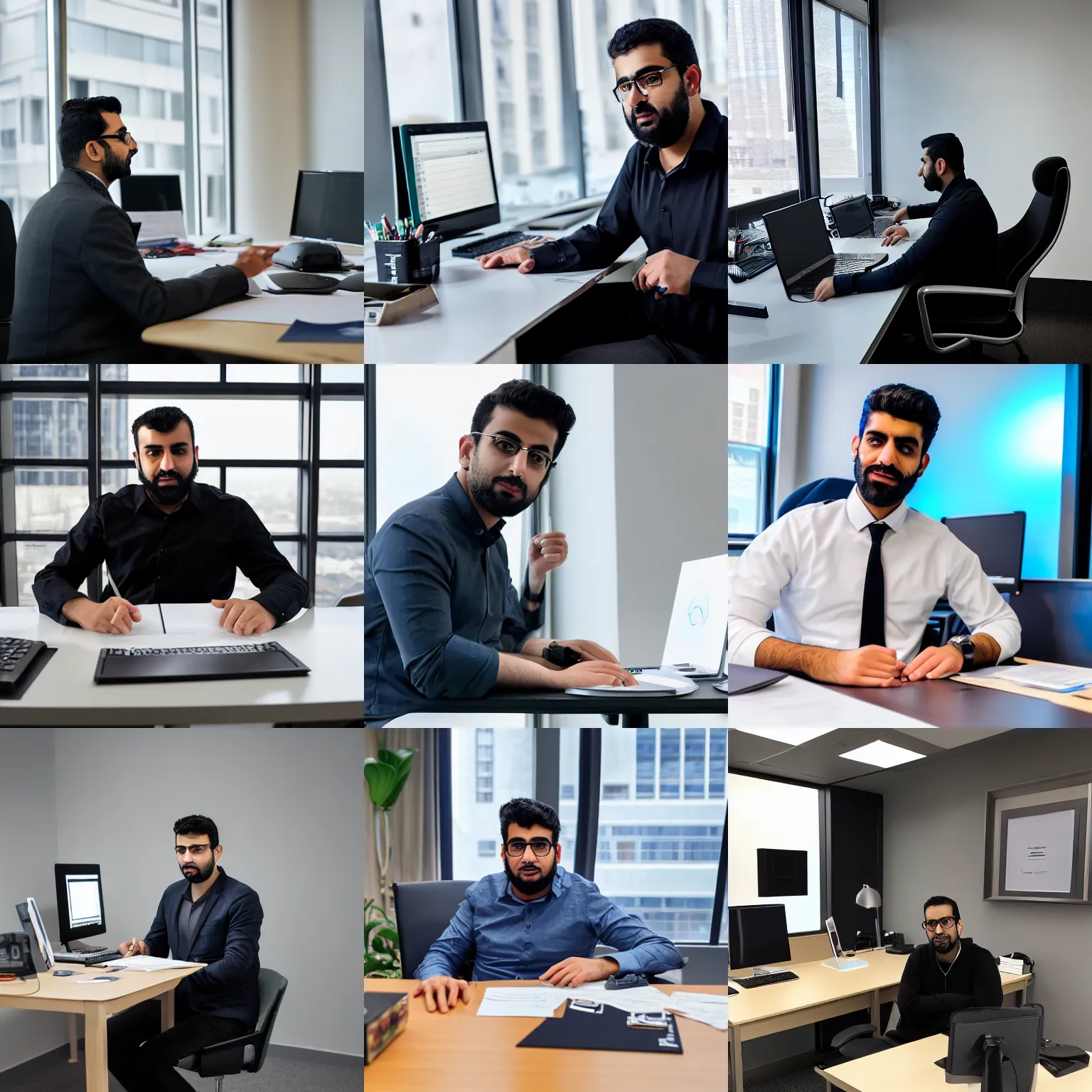 Prompt: photo of emad sitting at his desk in the stability. ai office, highly detailed, extremely high quality, hd, 4 k, 8 k, professional photographer, 4 0 mp, lifelike, top - rated, award winning, cinematic, realistic, detailed lighting, detailed shadows, sharp, no blur, edited, corrected, trending