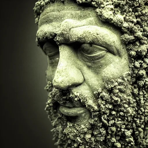 Prompt: Award-winning photograph by Mar Mann. The photo depicts a decaying roman bust of luiz inacio lula da silva overgrown with moss at the bottom of the sea in the middle of ruins of civilization. Minimalism, high definition, perfect composition. Deep sea picture. Very dark. Volumetric Lighting. Fish. Darkness. Ruins