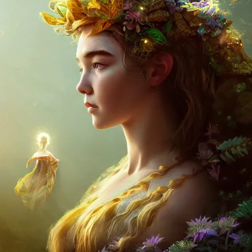 Image similar to florence pugh as the goddess of fairies!!!!!!, golden ratio!!!!!, centered, trending on artstation, 8 k quality, cgsociety contest winner, artstation hd, artstation hq, luminous lighting