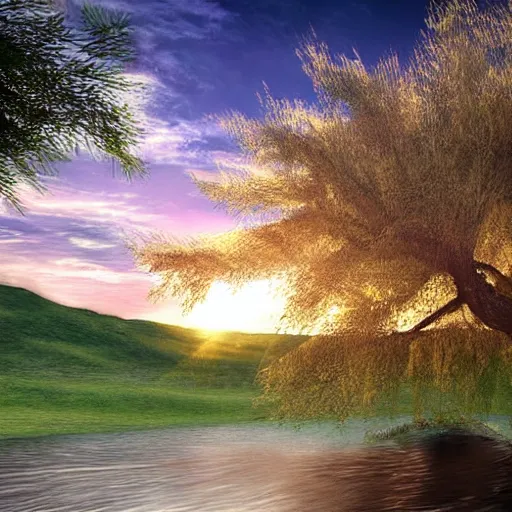Prompt: featured on artstation majestic willow tree overlooking swirling river at sunset, beautiful image stylized digital art