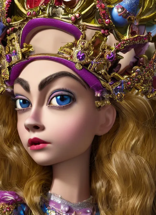 Image similar to closeup face profile portrait of a tin toy cara delevingne as a fairytale princess wearing a crown with tin bunnies, bikini, depth of field, zeiss lens, detailed, symmetrical, centered, fashion photoshoot, by nicoletta ceccoli, mark ryden, lostfish, breathtaking, 8 k resolution, extremely detailed, beautiful, establishing shot, artistic, hyperrealistic, octane render