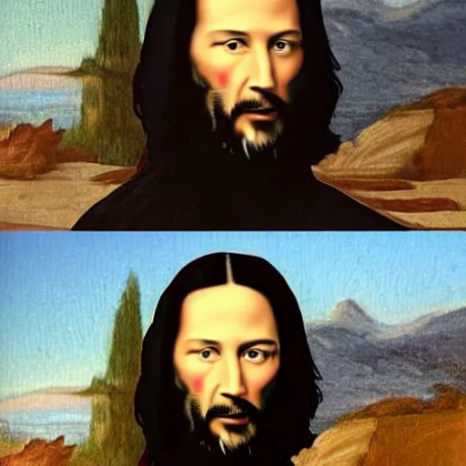 Prompt: painting of keanu reeves with beard in the style of mona lisa, painting by leonardo da vinci
