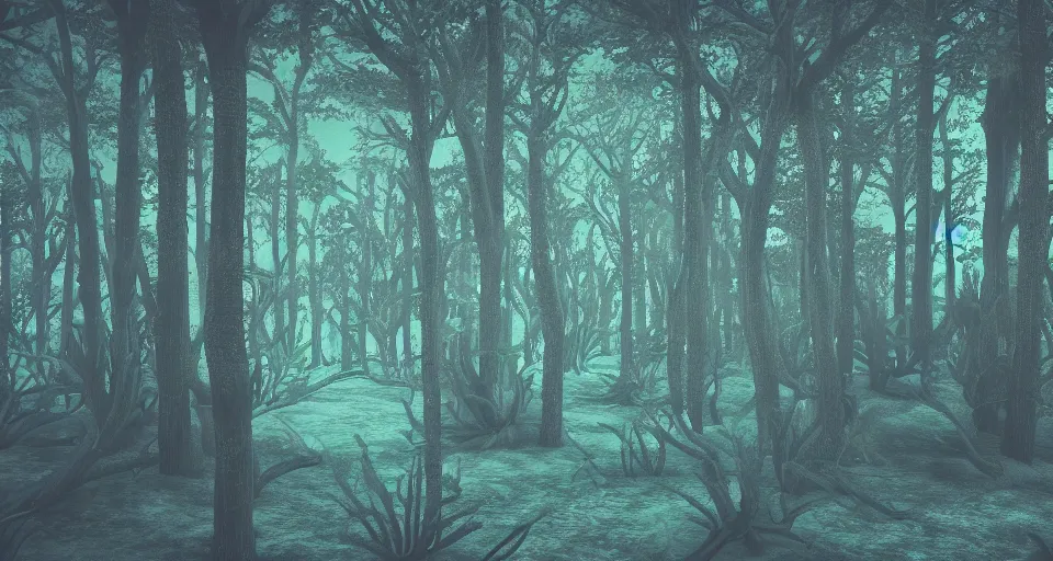 Image similar to 3d Render of deep sea forest, grainy, noisy