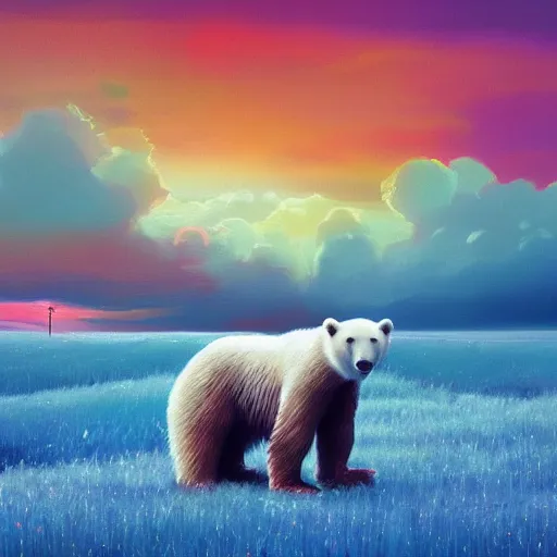 Prompt: a polar bear, surreal photography, flower field, sunset dramatic light, impressionist painting, colorful clouds, blue sky, digital painting, artstation, simon stalenhag