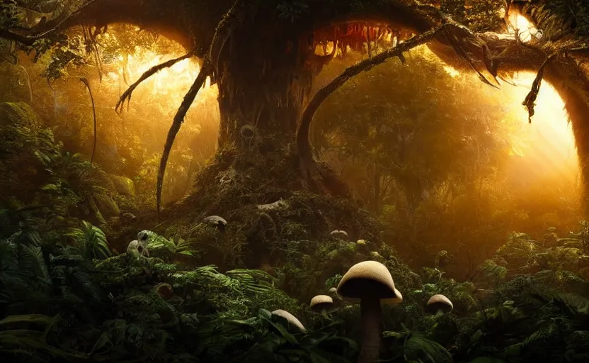 Image similar to a beautiful render of an alien mushroom growing out of a human a skull in a rainforest, sunset lighting, intricate detail, hazy, humid, volumetric lighting, god rays, 8 k, photorealistic, raytracing effects, unreal engine 5