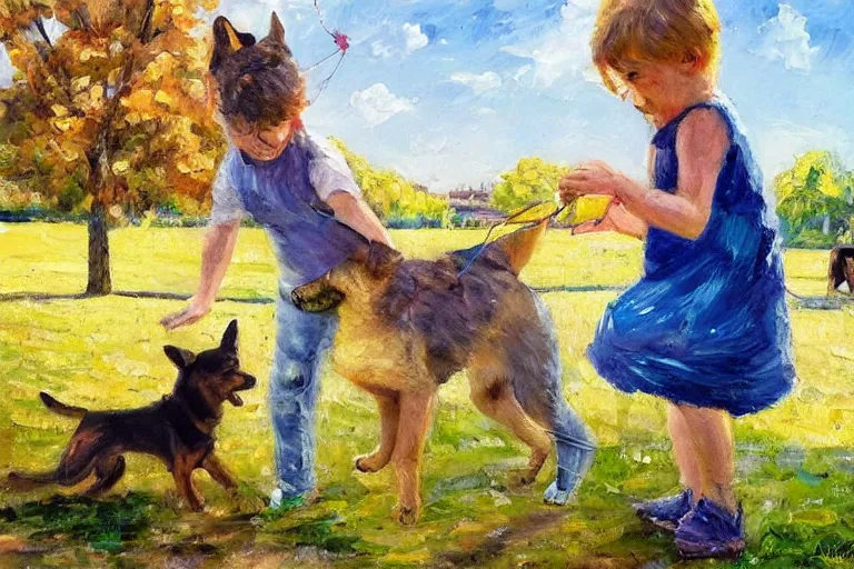 Prompt: impressionist oil painting with broad pallet knife, luminous muted colors, a tree lined city park, side view. a child tries to hold onto a kite string, a german shepherd puppy on her leash is happily frolicking in the sun. a second german shepherd puppy is playfully running holding a balloon. it's sunny breezy.