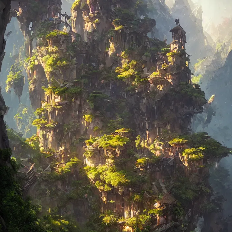 Image similar to vertical overwatch headquarters carved inside a mountain surrounding a lush garden, trimmed, magical, natural light, fantasy, sharp focus, concept art, by greg rutkowski and craig mullins, cozy atmospheric