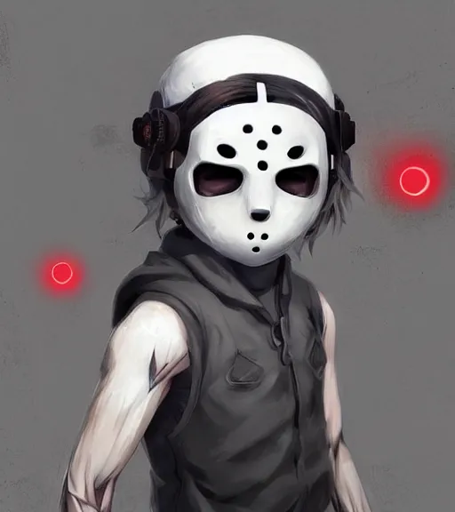 Image similar to beautiful little boy anime character inspired by jason voorhees, art by rossdraws, wlop, ilya kuvshinov, artgem lau, sakimichan and makoto shinkai, concept art, anatomically correct, extremely coherent, realistic, mask, smooth, hd, red eyes