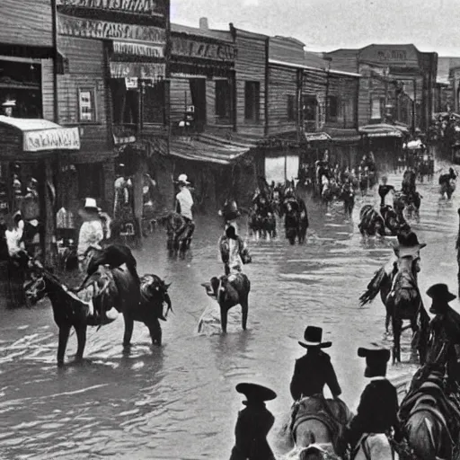 Image similar to flood on Wild West town, crowd cowboy at high noon, 1890 hyperrealistic