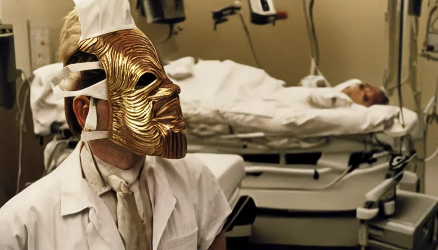 Image similar to 70s movie still of a man wearing gold spiral mask in hospital, eastmancolor, heavy grain, high quality, higly detailed, liminal space