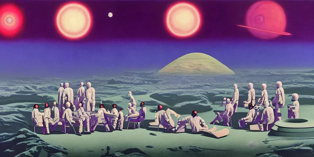 Image similar to surreal painting by chesley bonestell!!, twelve astronauts sitting by the river with a big holiday cake + psychedelic vegetation + purple, pink, blue + planets and stars + mystical fog, vintage sci - fi style of the 5 0 s, rule of the third!!!!, line graphics, 8 k, super detail, high quality