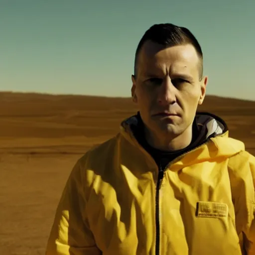 Image similar to clean shaven mateusz morawiecki in a still from the show breaking bad, 4 k, high quality, very mateusz morawiecki, desert, slight yellow hue