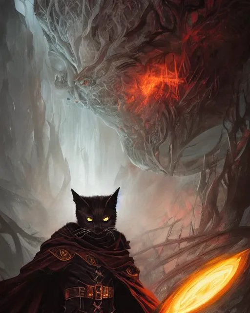 Prompt: Dark Cat Mage, spell, fog, magic the gathering artwork, D&D, fantasy, cinematic lighting, centered, symmetrical, highly detailed, digital painting, artstation, concept art, smooth, sharp focus, illustration, volumetric lighting, epic Composition, 8k, art by Akihiko Yoshida and Greg Rutkowski and Craig Mullins, oil painting, cgsociety