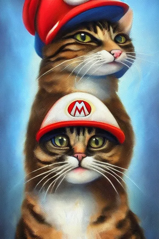 Prompt: A beautiful oil painting of a Cat wearing a Super Mario Hat, intricate, volumetric lighting, summer, hyperrealistic, colorful, hyperdetailed.