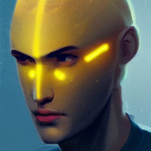 Prompt: portrait of a man in a space setting, ambient lighting, soft glows on face, contrast of yellow and blue, digital art, artstation, cgsociety