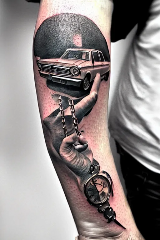 tattoo of lada car in mans hand, realistic, modern,