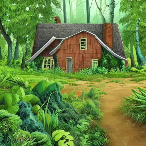 Image similar to A cartoon illustration of an overgrown house in a lush forest, detailed, depth