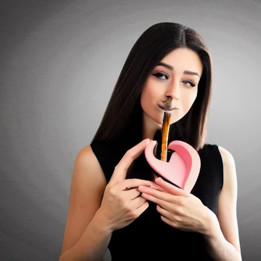 Image similar to pretty girl smoking a dab of concentrates and blowing a heart-shaped smoke ring