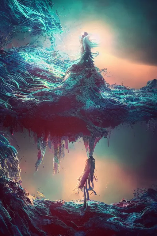 Image similar to letting go of reality and experiencing the quantum feild, matte painting tim burton comic book art, cinematic, highly detailed, realistic, beautiful cosmic neural network, octane render, unreal engine, depth of field, trending on artstation, sharp focus, philosophical splashes of colors