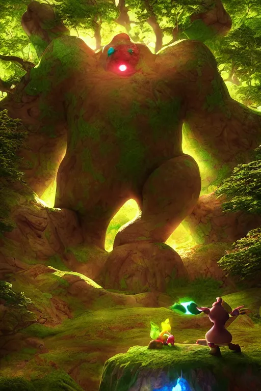 Prompt: arcane fantasy art giant golem elemental wood rock bastion forged gemstone enchanted forest troll, global illumination ray tracing hdr fanart arstation by sung choi and eric pfeiffer and gabriel garza and casper konefal lisa frank zbrush central hardmesh radiating a glowing aura