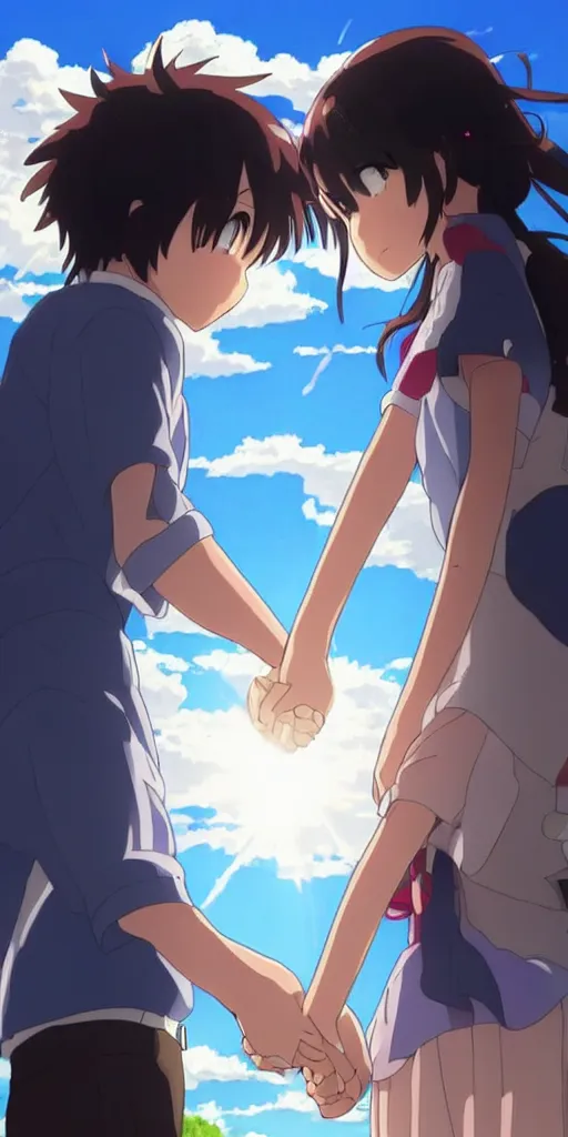 Prompt: a man and a woman holding hands under a beautiful sun drawn like the anime Your Name anime