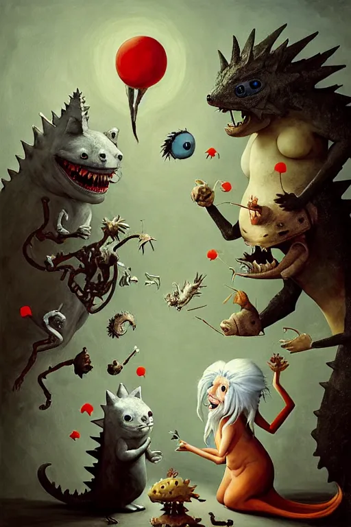 Image similar to hieronymus bosch, greg rutkowski, anna podedworna, painting of two white haired catgirls, a small fat blue godzilla, a pickle in a suit and tie, a cybernetic fox woman, a woman with one eye, a small hedgehog, a man with a shrimp for a head, all laughing at a vampire clown with red hair