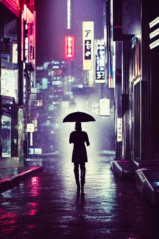 Image similar to sleek metallic cyborg, walking a german shepard, futuristic tokyo cityscape, rain, neon signs, nighttime, no blur, high detail, cinematic