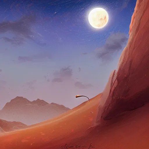 Image similar to someone driving at night with the moon in the sky, desert, concept art, fantasy, intricate, highly detailed, digital painting, elegant