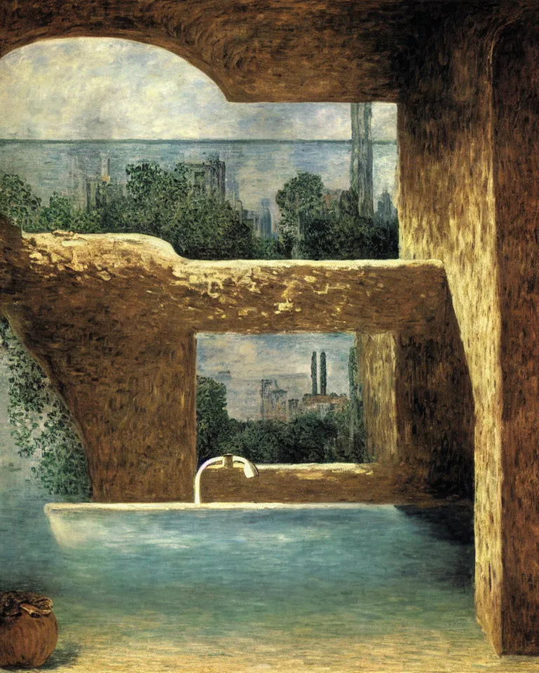 Image similar to achingly beautiful painting of an ancient roman bathtub by rene magritte, monet, and turner. piranesi.