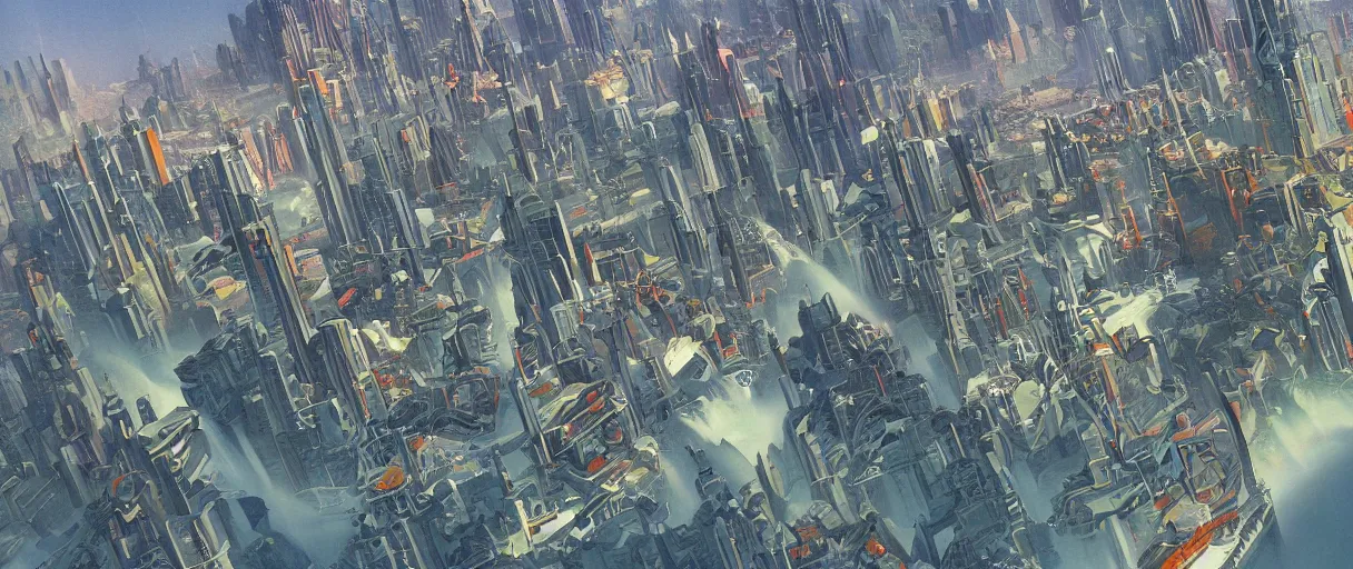 Prompt: A beautiful illustration of a futuristic city of bridges built on a world of waterfalls by Robert McCall and Ralph McQuarrie | Graphic Novel, Visual Novel, Colored Pencil, Comic Book:.6 | unreal engine:.3 | | viewed from above | establishing shot:.7