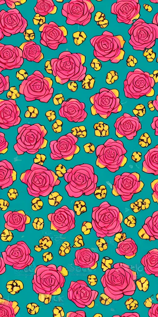 Image similar to seamless pattern of skulls roses and snakes, colourful, symmetrical, repeating 35mm photography