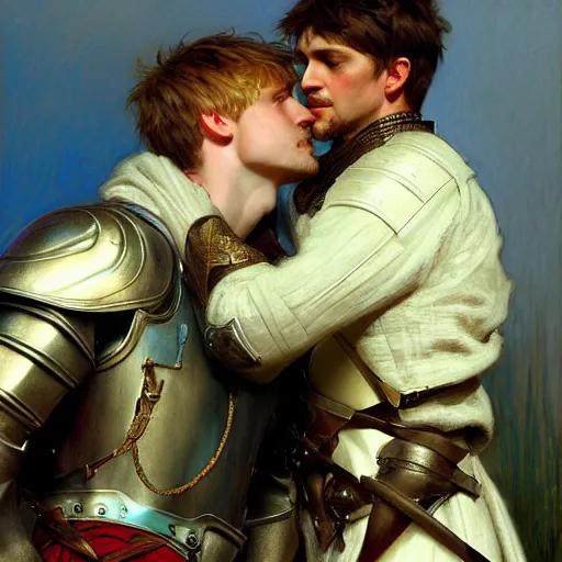 Image similar to attractive arthur pendragon and his attractive male knight, they are in love, natural lighting, path traced, highly detailed, high quality, digital painting, by gaston bussiere, craig mullins, alphonse mucha j. c. leyendecker