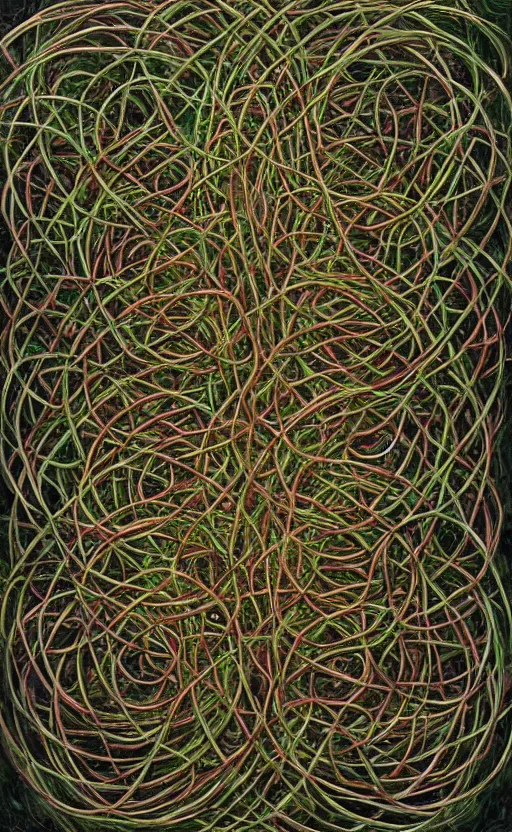 Image similar to a network of thick vines intertwined in the shape of a Celtic knot, central composition, in the style of Peter gric and Hannah yata 8k