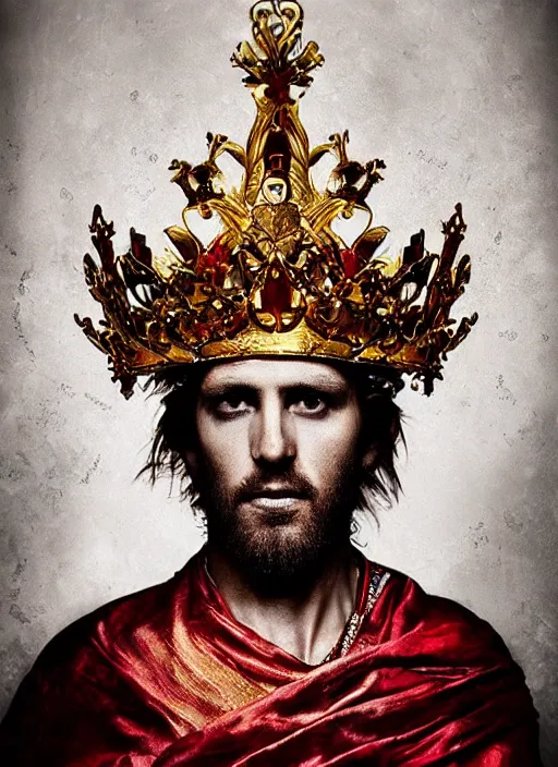 Image similar to 'Portrait of Crowned King Arthur' by Lee Jeffries royally decorated, whirling plasma, atmospheric motes, red and gold Sumptuous garb, gilt silk fabric, radiant colors, fantasy, perfect lighting, studio lit, micro details,