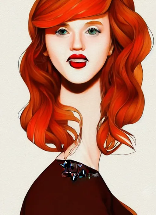 Image similar to colorful drawing of a young white woman with brown hair and scarlet lips, happy and cartoonish background, by tokenin, by glitchedpuppet, gradient orange, black, cream, brown and white color scheme, trending in artstation, award winning illustration