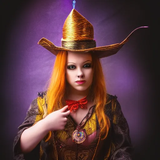 Image similar to a female magician, she occupied herself with magic and sorcery, bewitching the people, mystic, fantasy, magic, award winning photography, hdr, studio lighting medium close shot, mucha style,