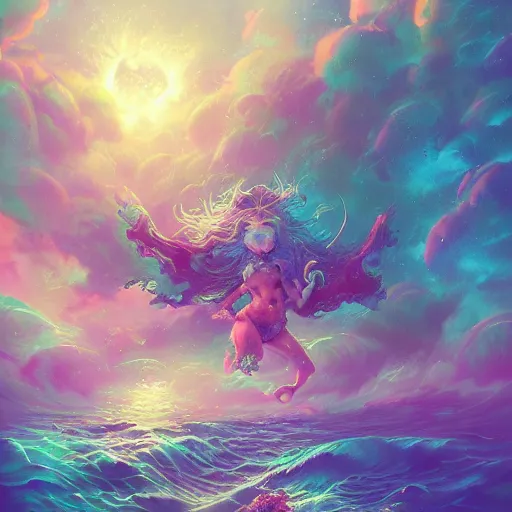 Prompt: i am attracting beautiful souls into my life 🌊✨🌸 🏺🌌, 8 k resolution detailed fantasy art, asymmetrical composition, anato finnstark marc simonetti lisa frank zbrush central gloomy midnight.