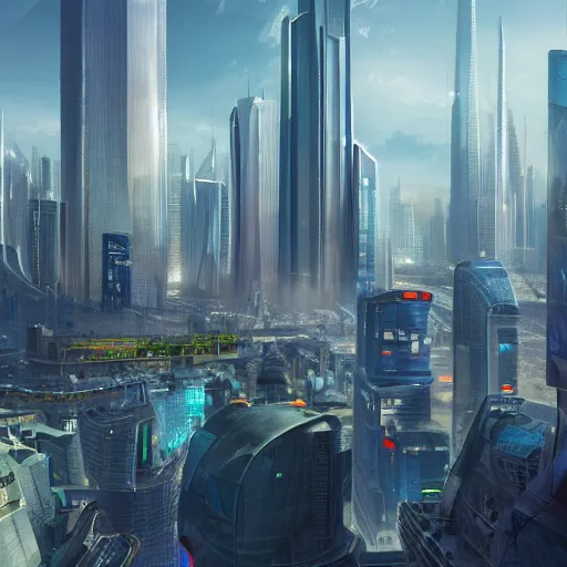 Prompt: a futuristic cityscape with skyscrapers and cars, a detailed matte painting by Makoto Shinkai, trending on cgsociety, panfuturism, matte painting, cityscape, rendered in unreal engine