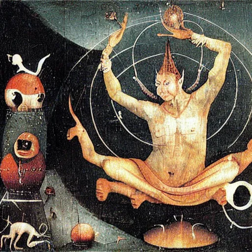 Prompt: Hieronymus Bosch painting shiva dancing inside wormhole