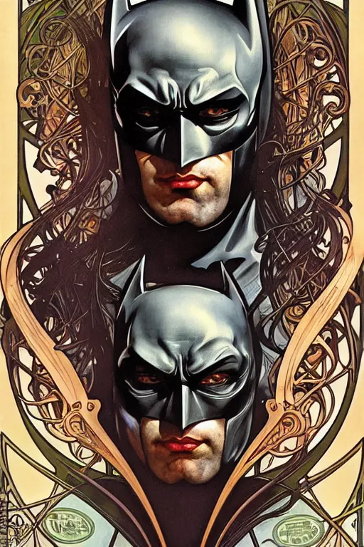 Prompt: realistic detailed face portrait of batman by alphonse mucha, ayami kojima, amano, greg hildebrandt, and mark brooks, art nouveau, neo - gothic, gothic