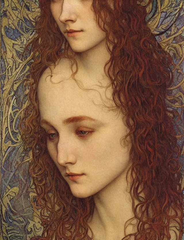 Image similar to detailed realistic beautiful young medieval queen face portrait by jean delville, alphonse mucha, vincent van gogh, and marco mazzoni, art nouveau, symbolist, visionary, gothic, pre - raphaelite