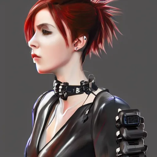 Prompt: female character cyberpunk wearing technological collar around neck, realistic, art, beautiful, 4K, collar, choker, collar around neck, punk, artstation, detailed,