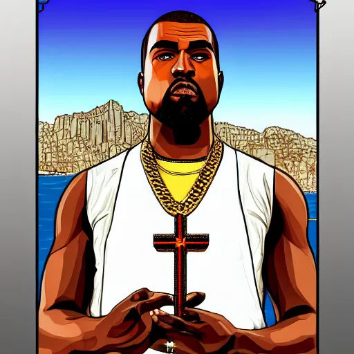 Image similar to illustration gta 5 artwork of holy saint kanye west, golden cross, in the style of gta 5 loading screen, by stephen bliss