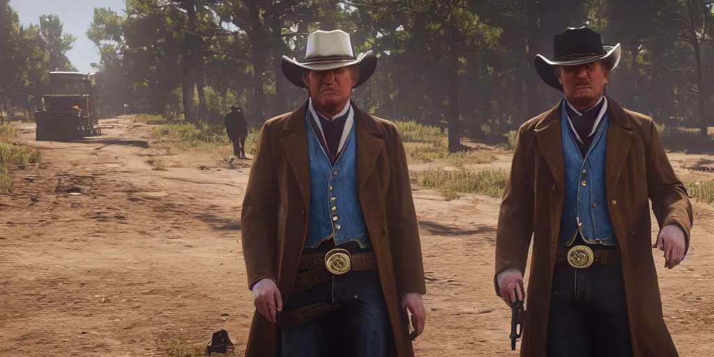 Image similar to Donald Trump from Red Dead Redemption 2, wide shot, ray tracing, 8k