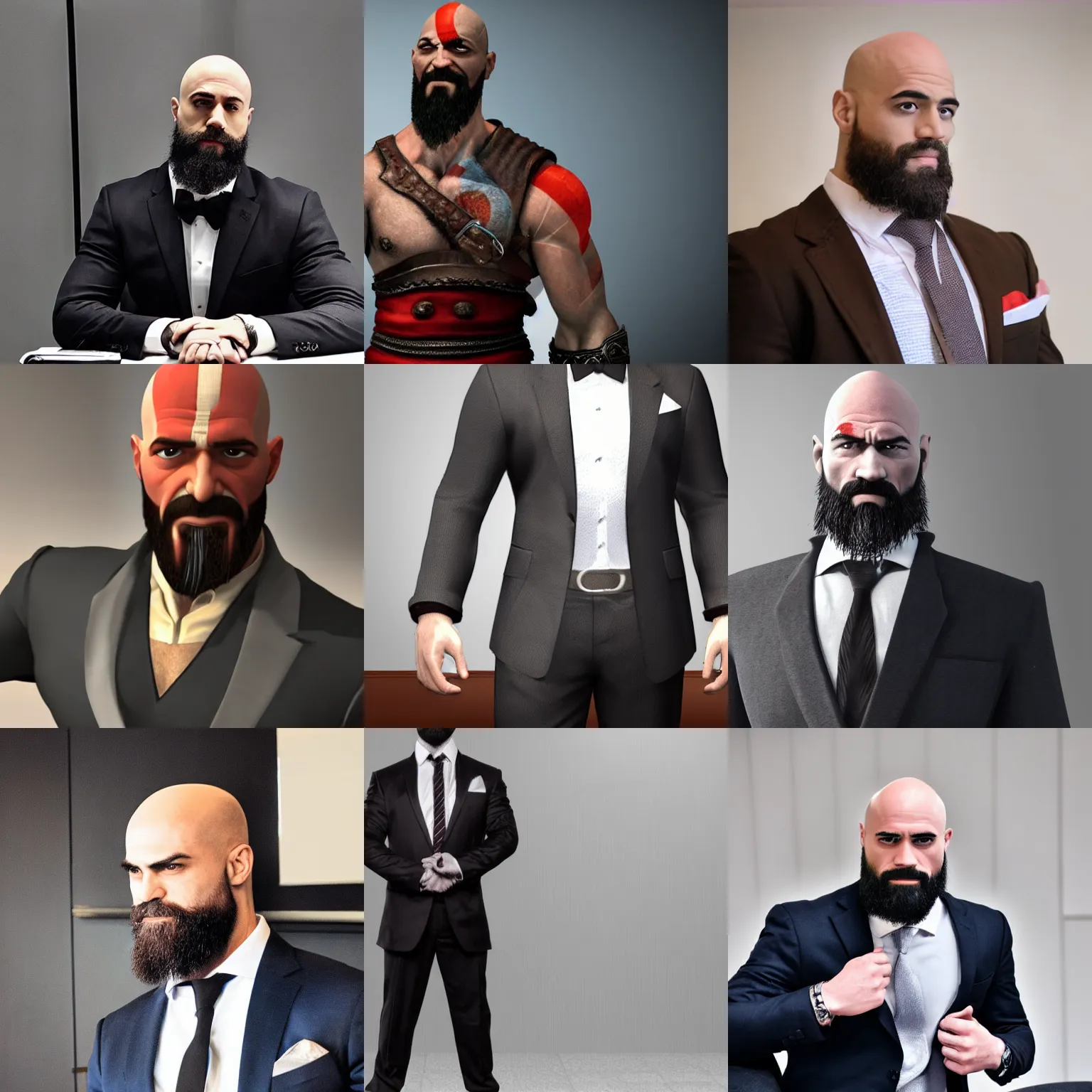 Prompt: Kratos in formal suit attending a corporate meeting