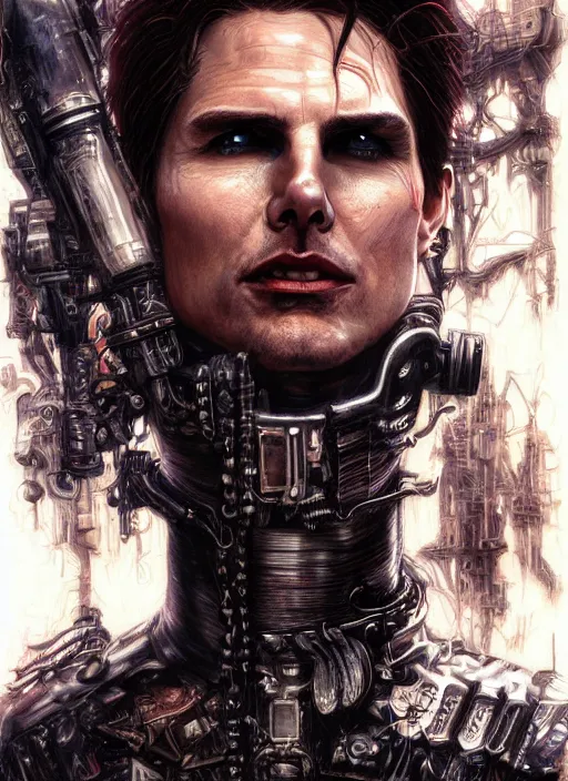 Prompt: portrait of gothic Tom Cruise, cyberpunk, Warhammer, highly detailed, artstation, illustration, art by Gustav Klimt and Range Murata and Katsuya Terada