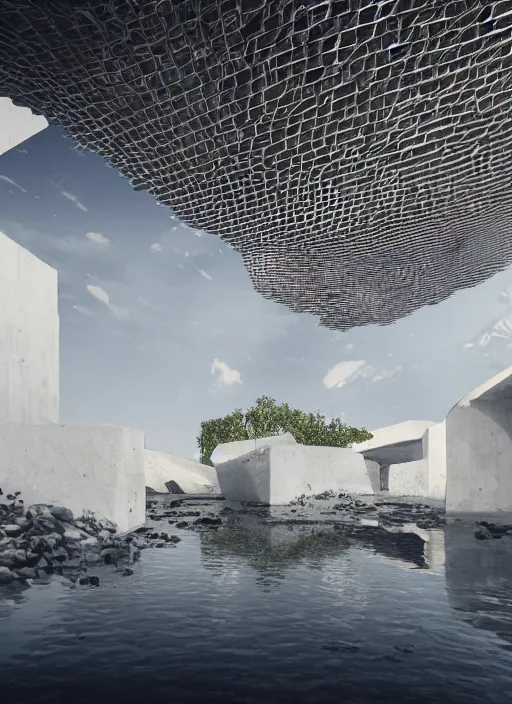 Image similar to art exhibition, architecture installation in biennale venezia, bioremediation white mining tailing futuristic horizontal architecture, epic, cinematic, hyperealistic, high detailed, corona render, hdr, ray tracing