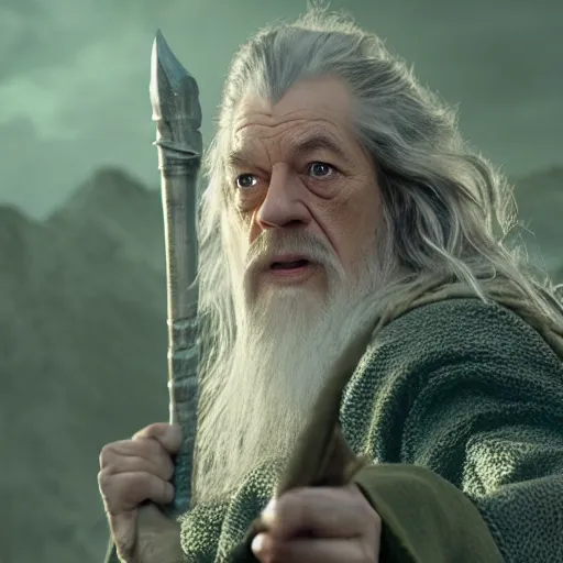 Image similar to film still of gandalf starring as the hulk, realistic extremely detailed photo style painting, granular detail, holographic krypton ion, octane render, 4 k, f 3 2, 5 5 mm photography, wide angle