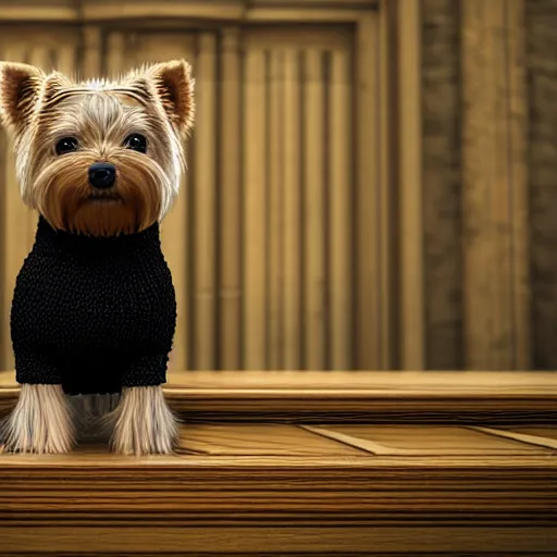 Prompt: a closeup photorealistic illustration of a smiling knitted yorkshire terrier dressed in a black gown, presiding over the courthouse. this 4 k hd image is trending on artstation, featured on behance, well - rendered, extra crisp, features intricate detail, epic composition and the style of unreal engine.