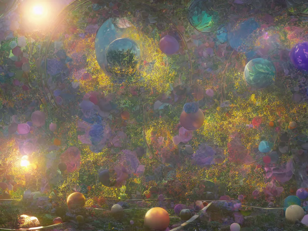 Image similar to 3 d render, sunlight study, the universe is a spheroid region 7 0 5 meters in diameter, art nouveau, by rachel ruysch and ( ( ( ( ( lisa frank ) ) ) ) ), 8 k, sharp focus, octane render